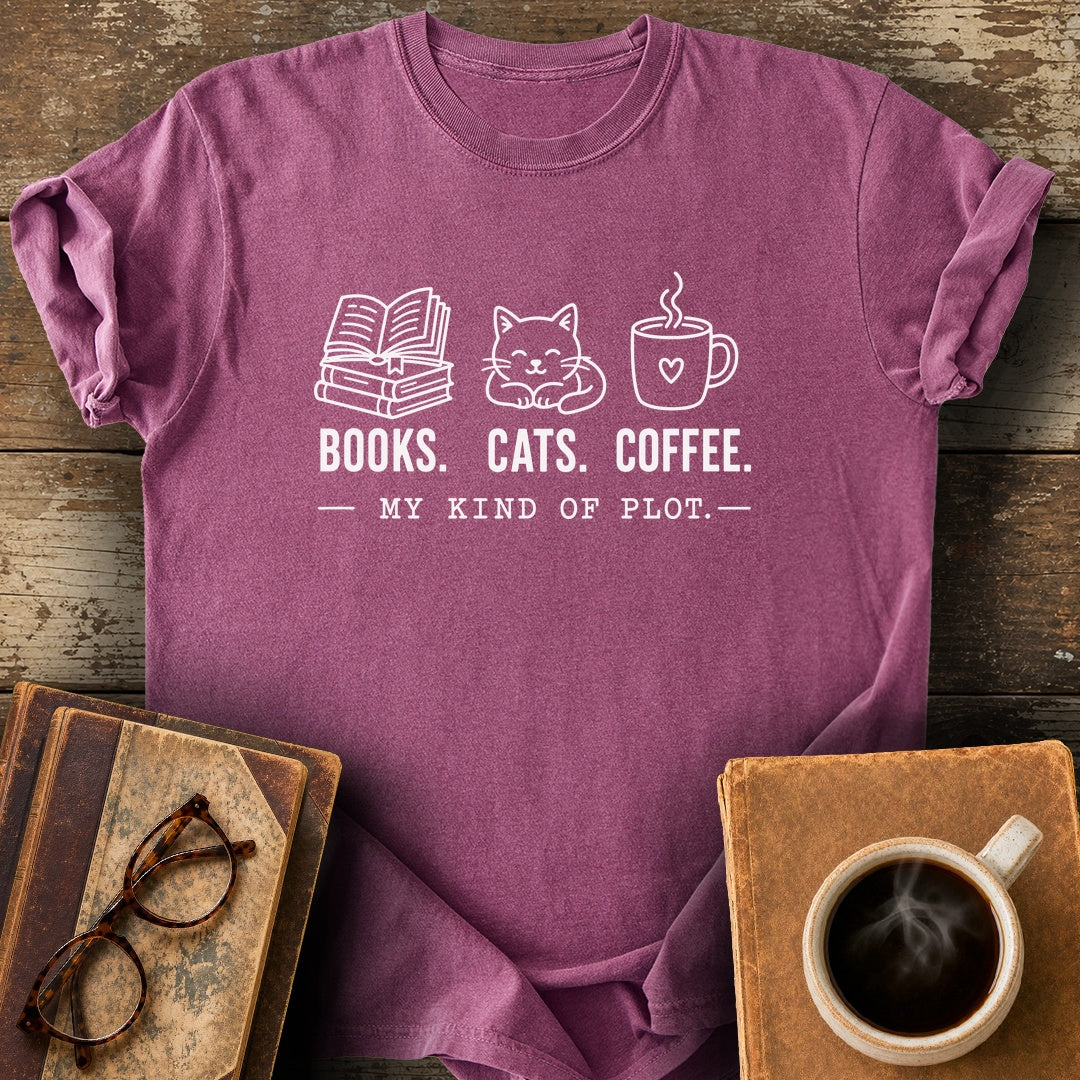 Books Cats Coffee My Kind of Plot Tee - berry shirt mockup
